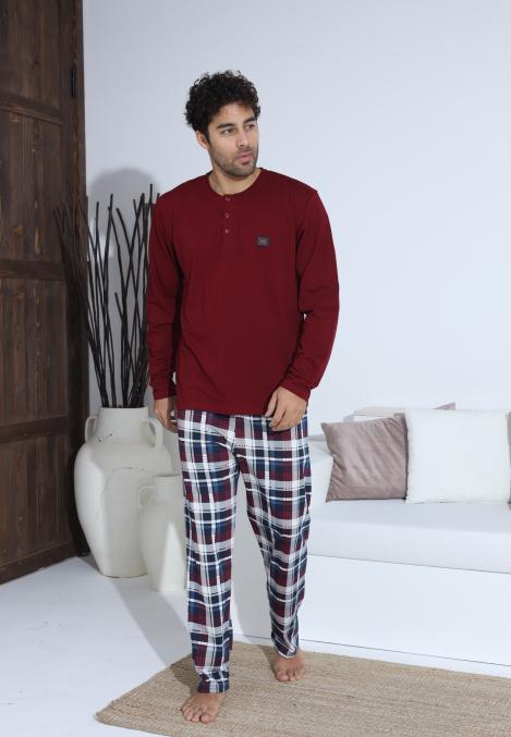 Pijama Barbati ,Maneca si Pantaloni Lungi,Culoare Bordo cu Alb,Engros